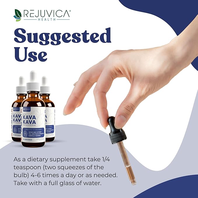 Rejuvica Health Kava Kava Root Extract Supplement - Active Kava Kava - Potent Relaxation & Calm - Liquid Extract - Piper Methysticum - Noble Variety - Naturally Occurring Kavalactones - 96 Servings
