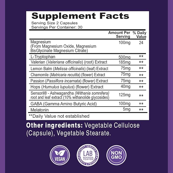 Natural Sleep Aid | Non-Habit Forming | Herbal Sleep Supplement for Better Sleep with Valerian, Melatonin, Magnesium, and Ashwagandha | Sleeping Pills for Adults (60 Vegan Capsules) (Pack of 2)