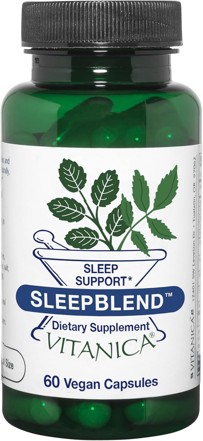 Vitanica Sleepblend, Non Habit Forming Sleep Support Supplement, with Melatonin, Valerian Root, Passionflower and Hops, Vegan, 60 Capsules