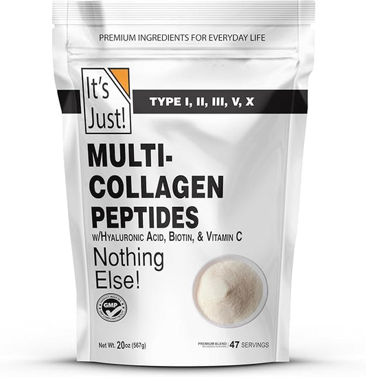 It's Just! - Multi Collagen Peptides, (20oz) Protein Powder, Type I, II, III, V, X w/Biotin, Hyaluronic Acid, Vitamin C - Easy Mixing, Non-GMO, Unflavored, 1.25lb