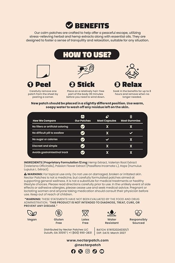 10x Calm Patches with Hemp Extract, Passion Flower, Hops & Valerian Root – Relax & Unwind, Non-Fatiguing, Sustained-Release for All-Day Calm