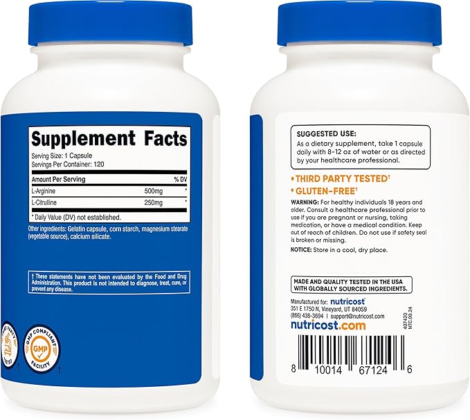 Nutricost L-Arginine L-Citrulline Complex 750mg, 120 Capsules - Non-GMO