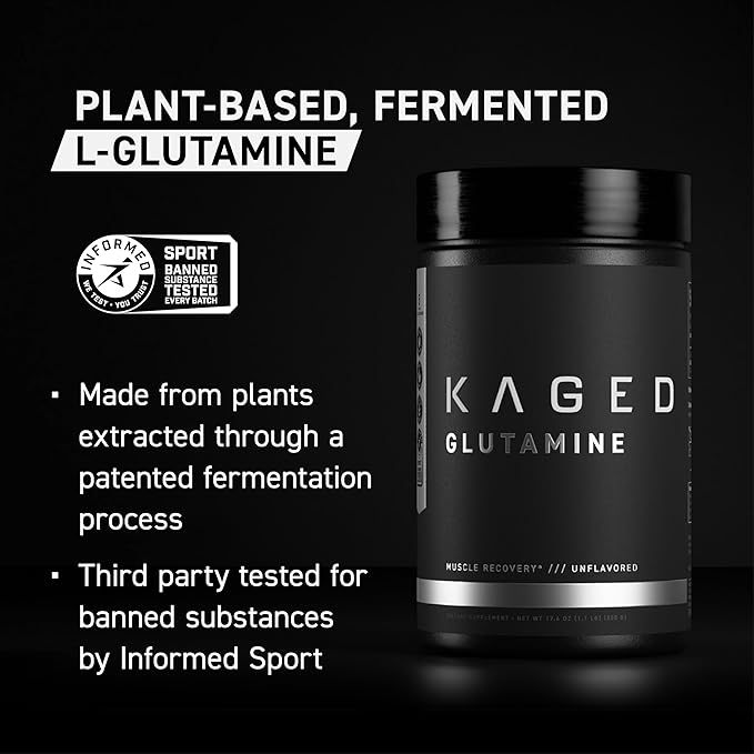 Kaged Muscle, L-Glutamine Powder 500 Gram, Vegan, Support Muscle Recovery, Post Workout, Glutamine, Banned-Substance Free, Unflavored, 100 Servings