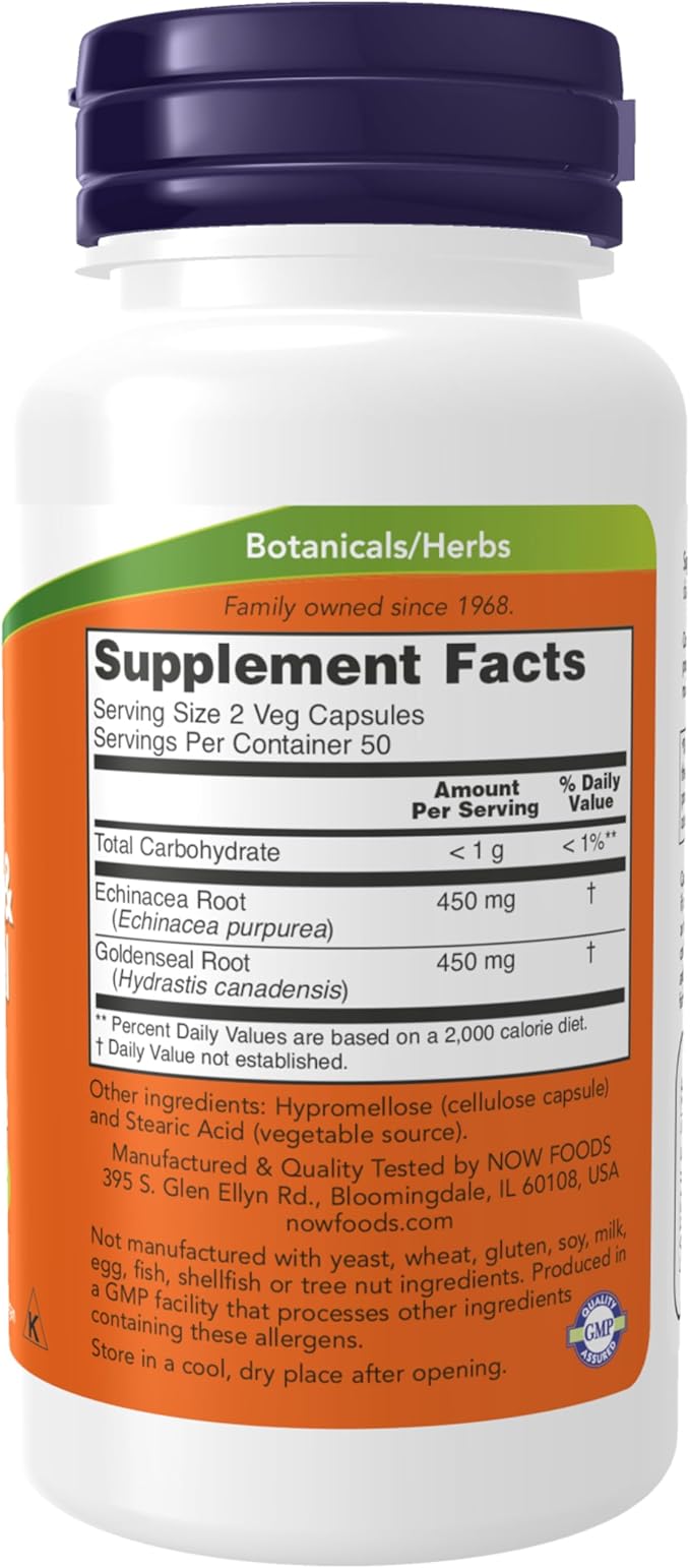 NOW Supplements, Echinacea & Goldenseal Root, 225/225 mg Blend, Immune System Support*, 100 Veg Capsules