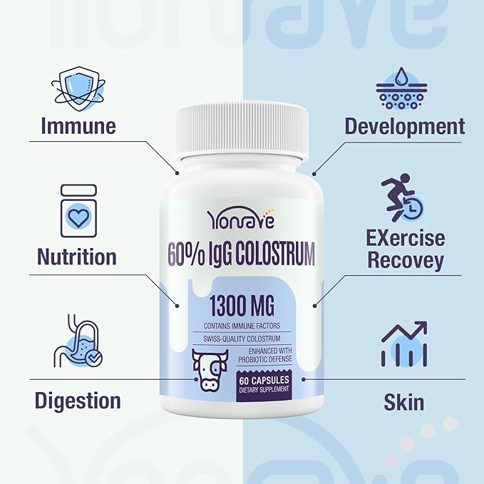 Bovine Colostrum Capsules Supplement 1300mg - Extra High 60% IgG Bovine Colostrum - Gut, Bone, Exercise, Immune - 60 Capsules