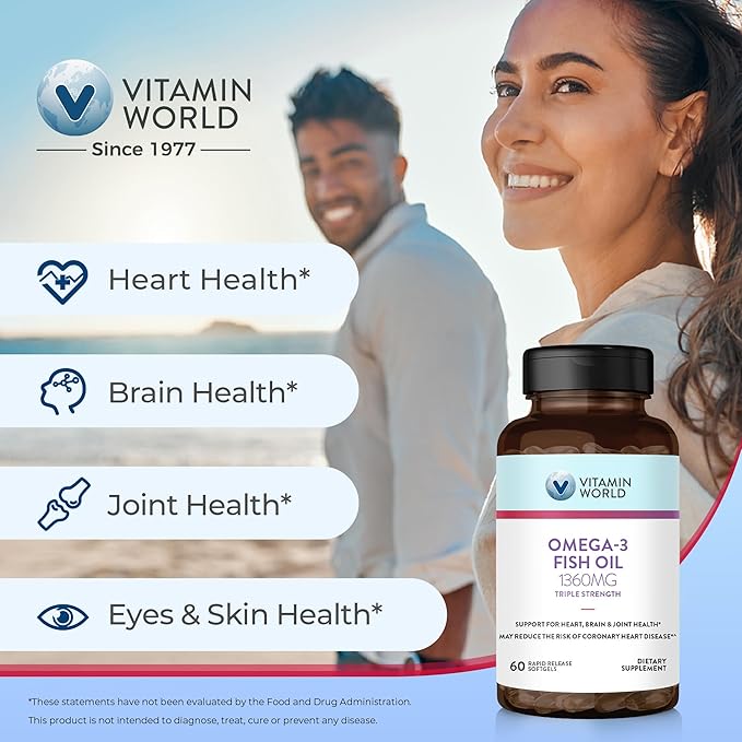 Vitamin World Triple Strength Omega 3 Fish Oil 1360 mg Supplement, 950 mg Active Omega-3 Fatty Acids with EPA & DHA, Supports Heart, Brain & Joint Health, Gluten Free, 60 Softgels, 2 Months Supply