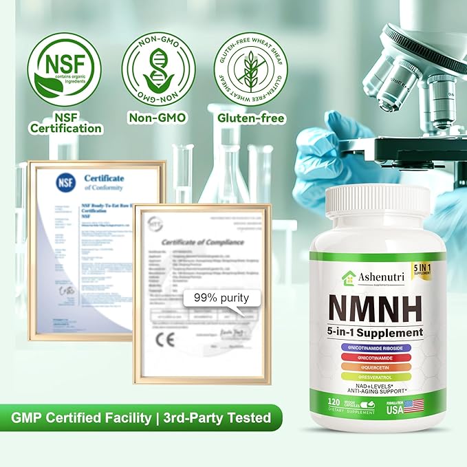 NMNH (Dihydronicotinamide Mononucleotide), NMN Alternative Supplement w/Niacinamide (Vitamin B3), Quercetin, Trans-Resveratrol, Support NAD+, Skin Cell Health*, Anti-Aging & Energy, 120 Caps