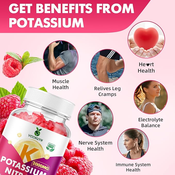 Potassium Gummies for Women & Men, High Dose Potassium Supplement 2000mg Supports Muscle Cramps & Electrolyte Balance, Raspberry Flavor 120 Count
