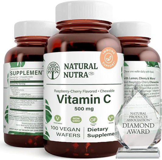 Natural Nutra Vitamin C Supplement for Kids and Adults, Immune Booster, Helps Supports Bone Health, Protect Skin and Heart Health, Improve Skin Texture, Vegetable Source, 500 mg, 100 Vegan Wafers