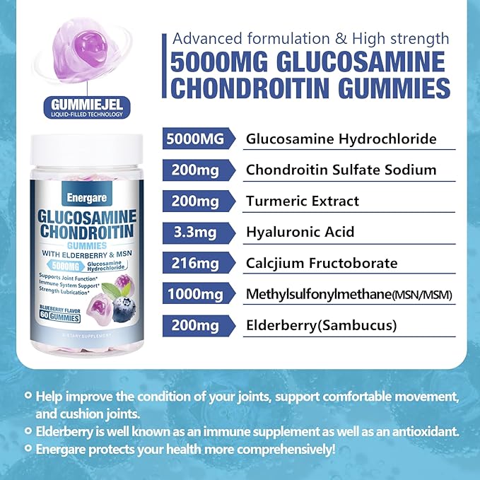1 Pack Glucosamine Chondroitin with MSM Gummies & Elderberry, Extra Strength Joint Support Health, Flexibility, Antioxidant, Immune Supplement Gummy for Adults, Men & Women 60 Counts