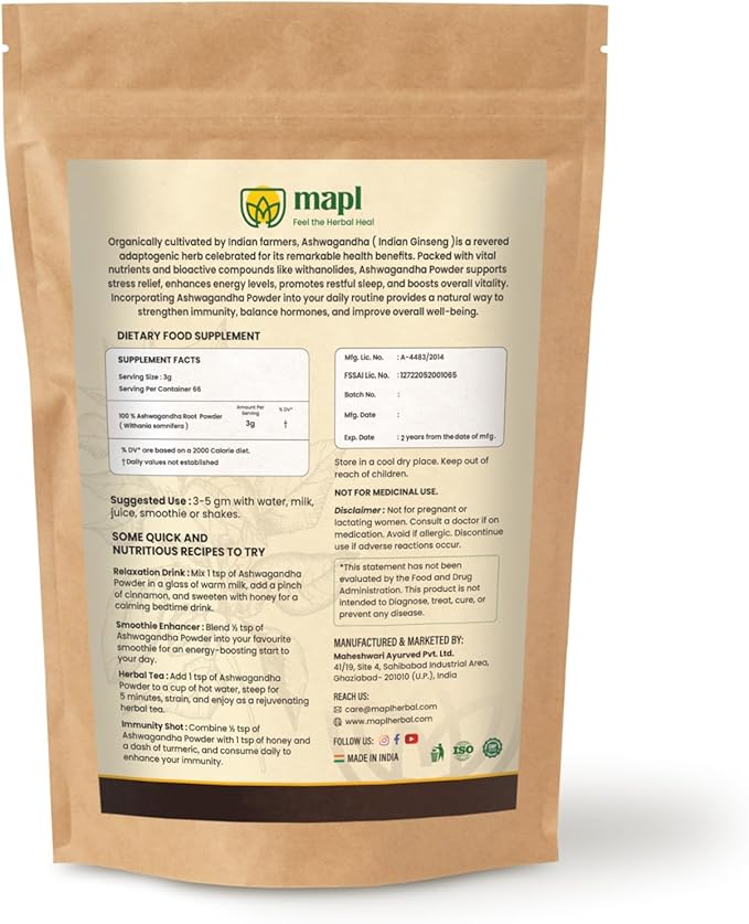 MAPL Organic Ashwagandha Powder (Indian Ginseng) 7.05 Ounces - Premium Quality, Pure and Natural Ingredients to Support Health