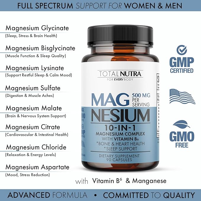 10-in-1 Magnesium Supplement 500 mg | High Absorption Magnesium Complex with Mag Glycinate, Citrate, Vitamin B6 Magnesium for Sleep, Muscle, Bone & Heart Health, Vegan & Gluten-Free, 45 Day Supply