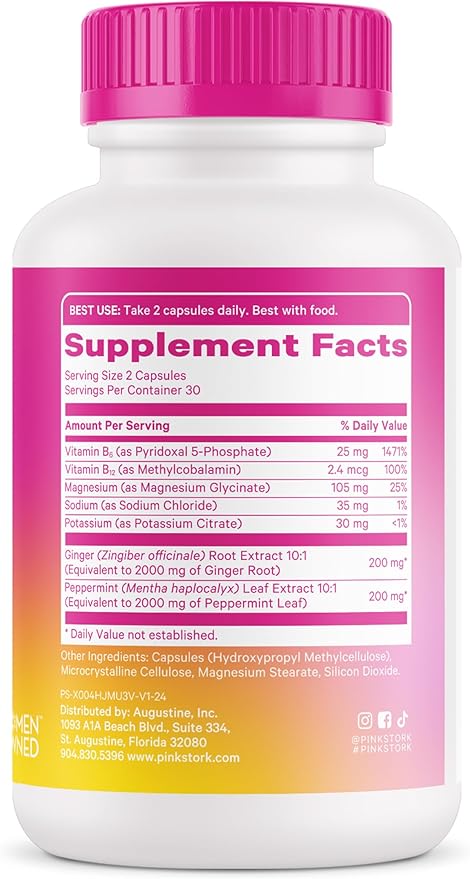 Pink Stork Vitamin B6, Ginger, Electrolyte Capsule - Natural Digestive Support with Peppermint, Potassium, Magnesium - Gentle on The Stomach - Pregnancy, + Motion Sickness Must Haves - 60ct