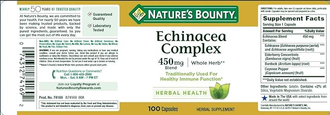 Echinacea Complex by Nature's Bounty, Herbal Supplement, Supports Immune Health, 450 mg, 100 Capsules