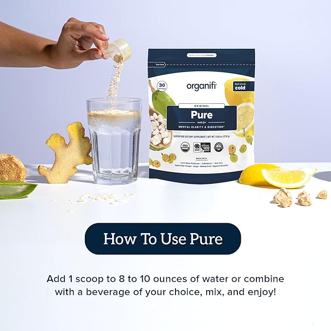 Organifi Pure - Promotes Stimulation in Learning, Memory, Focus, and Clarity - Brain Support with Superfoods - Gluten-Free and Non GMO - Best Served Cold, 30 Servings
