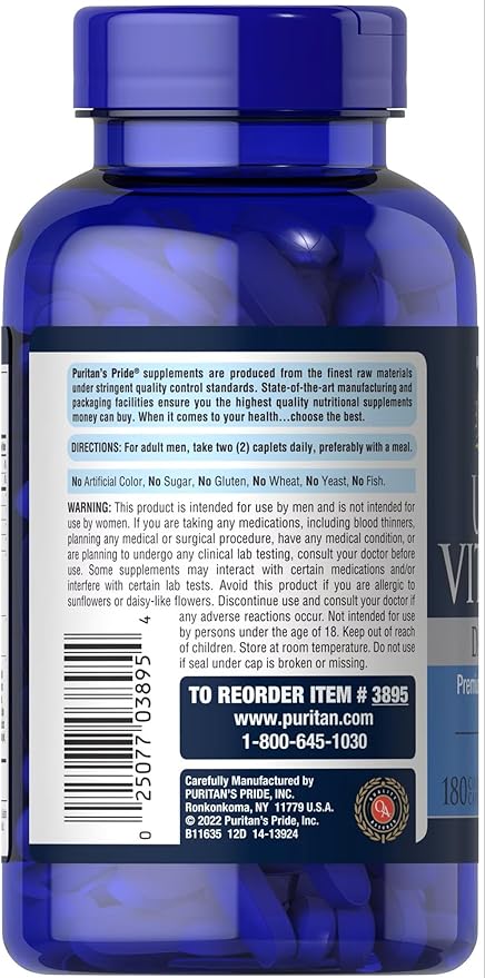 Puritan's Pride Ultra Vita Man High Potency Men's Daily Multivitamin with Time Release Technology, Dietary Supplement to Support Immune System and Cardiovascular Health, 3 Month Supply, 180 Count