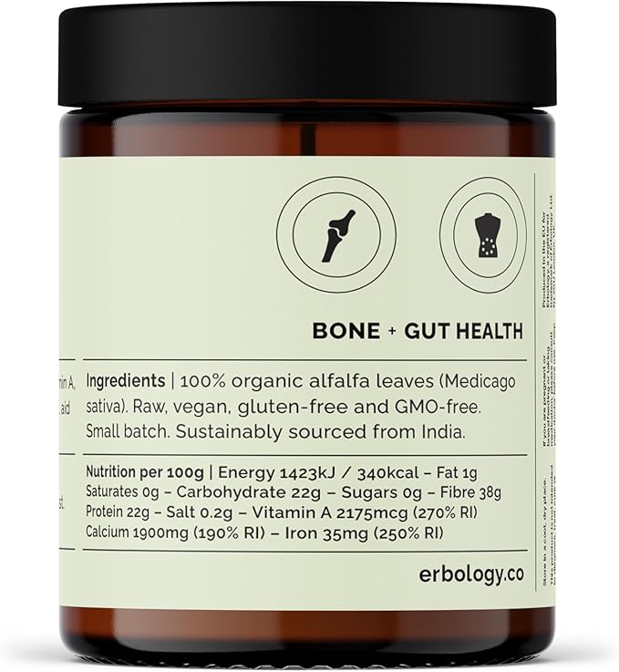 Erbology Organic Alfalfa Powder 3.2 oz - 45 Servings - Supports Bone and Gut Health - Rich in Vitamin A, Calcium and Iron - Sustainably Sourced Straight from Farm - Small Batch - Vegan - GMO-Free
