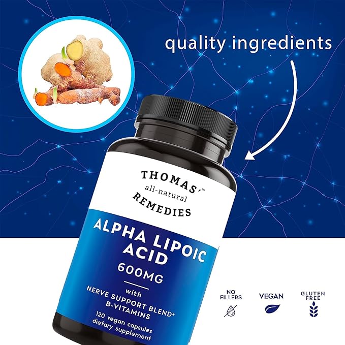 Thomas' all-natural Remedies Alpha Lipoic Acid 600mg, 120 Capsules with B-Vitamins, Vegan, No fillers