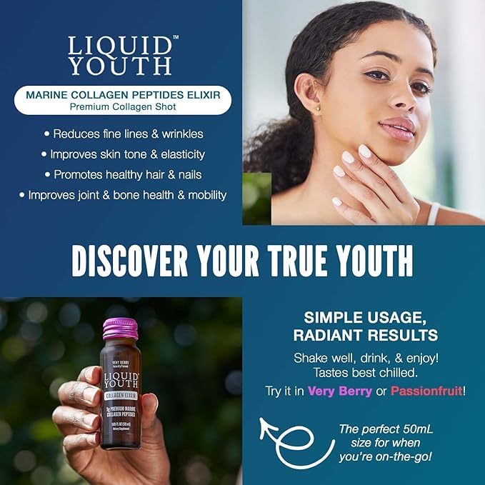 Liquid Collagen Elixir Shot for Women & Men - Premium Liquid Marine Collagen for Hair Growth, Skin, Nail, Bone & Joint Health - Travel-Friendly (Very Berry, 10 Servings Per Box)