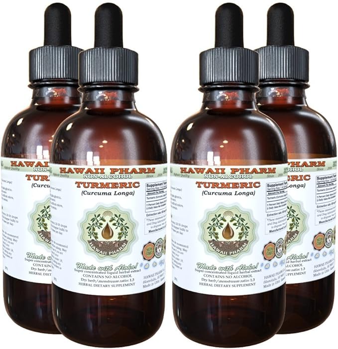 Turmeric Alcohol-Free Liquid Extract, Organic Turmeric (Curcuma Longa) Dried Rhizome Glycerite Natural Herbal Supplement, Hawaii Pharm, USA 4x4 fl.oz