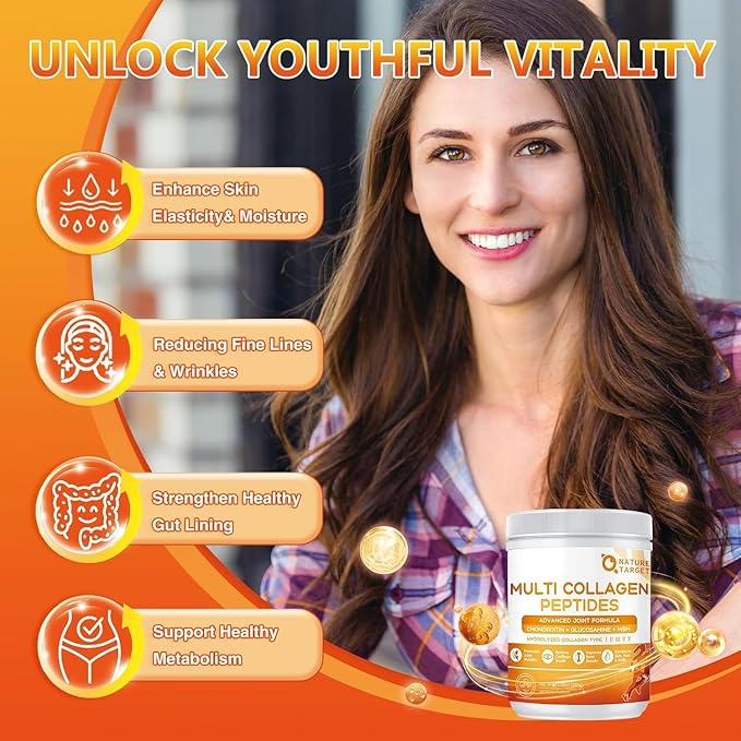 NATURE TARGET Multi-Collagen-Peptides-Powder for Joint Support, Hydrolyzed Collagen for Women Men with MSM + GC, Type I II III V X Collagen for Skin Hair & Nail, Non-GMO, 35 Servings