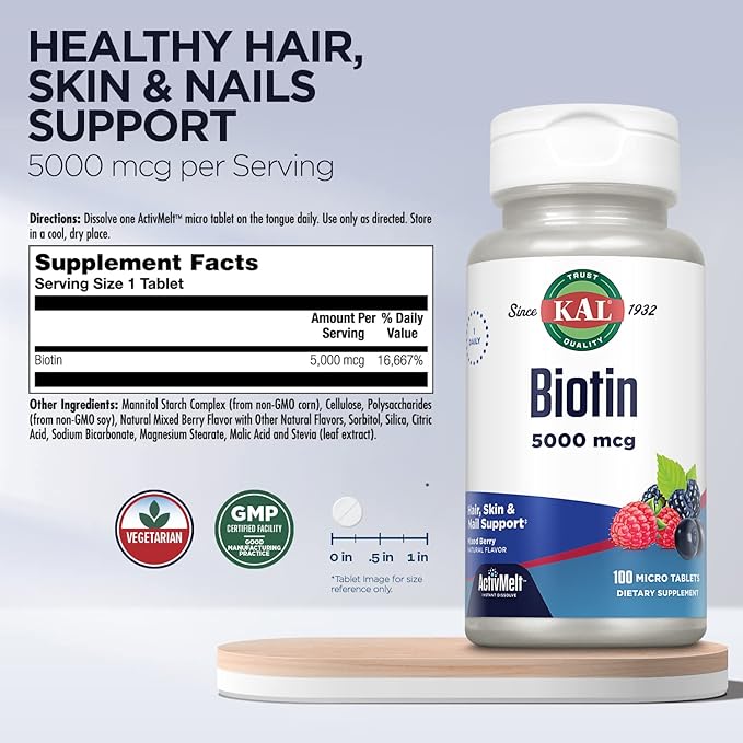 KAL 5000 Mcg Biotin Tablets, Mixed Berry, 100 Count