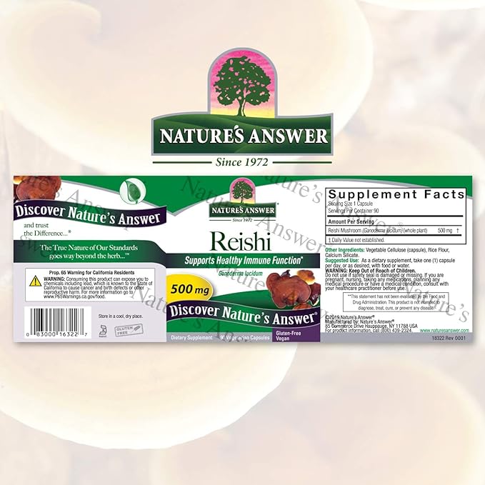 Nature's Answer Reishi Mushroom Mycelia Vegetarian Capsules, 90-Count | Immune Support | Promotes Cardiovascular Health | Liver Support