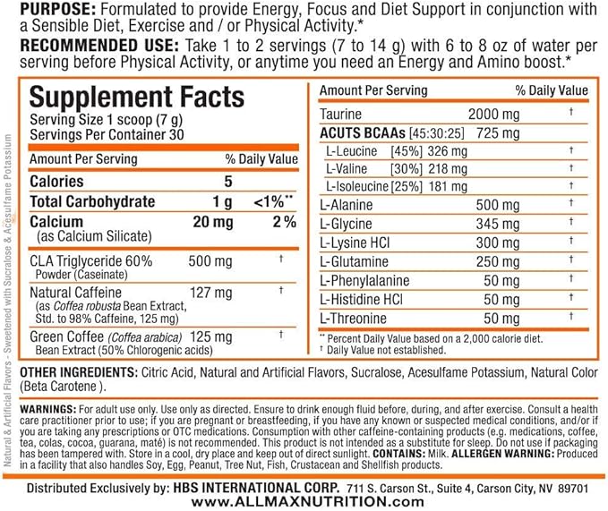 ALLMAX A:CUTS Amino-Charged Energy Drink, Arctic Orange - 210 g - with Caffeine, Green Coffee Extract, L-Carnitine & 2000 mg of Taurine - Sugar & Gluten Free - 30 Servings