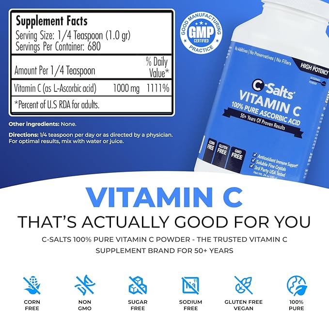 C-Salts Pure Ascorbic Acid Powder - High Dose 100% Pure Vitamin C Powder Supplement for Immune Support - Sugar-Free Powdered Drink with Soluble Fine Crystals, Organic, Corn-Free Non-GMO 24oz