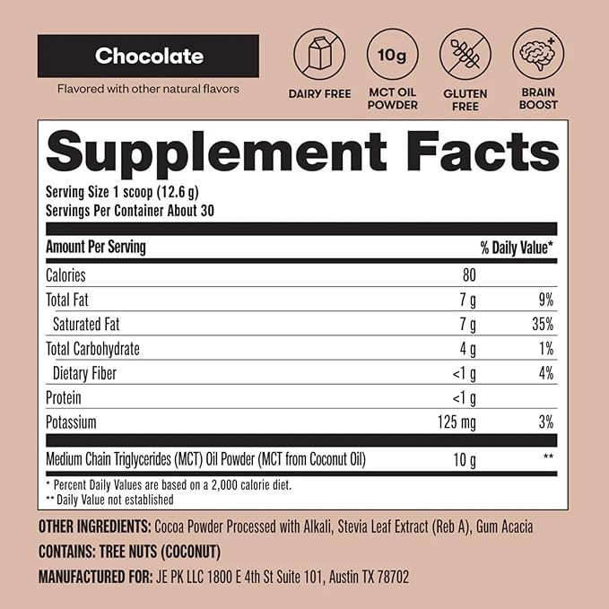 Perfect Keto 7g MCT Oil Powder, Medium Chain Triglycerides Supplement, Non Dairy Coffee Creamer for Keto Diet, Ketogenic MCT Oil Mix for Coffee, Smoothie, Protein Shakes, Chocolate, 30 Servings