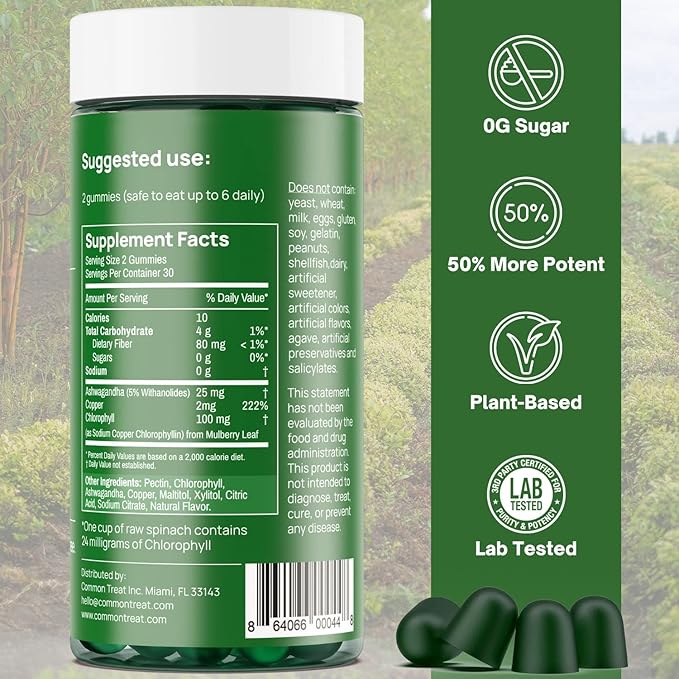 BOD Chlorophyll Gummies for Energy, Immune Support, Skin Health, Internal Deodorant, Fresh Breath, with Ashwagandha, Vegan, Gluten Free, Sugar Free, 75mg per Serving, Apple, 60 Servings