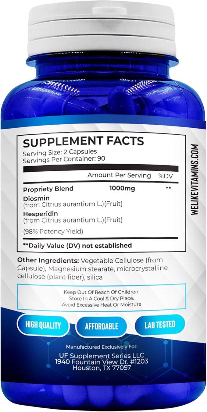 We Like Vitamins Diosmin Hesperidin 1000mg – 180 Capsules – 90 Day Supply - Diosmin and Hesperidin Supplement – Helps to Support Healthy Circulation, Veins, Capillaries, and Lymphatic Drainage