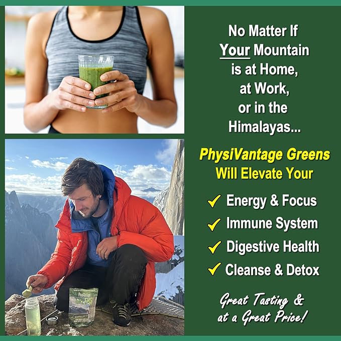 PhysiVantage Greens Superfood Powder with Prebiotic Fiber, Probiotics, Post-biotics, Spirulina, Chlorella - Vegan - Energy, Focus, Immune Support, Gut Health - Delicious Mild Mint Flavor - 25 Servings