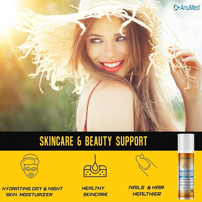AnuMed Vitamin D3 K2 5,000 IU Cream with Magnesium, Hyaluronic Acid, Vitamin E. Best Moisturizer for Dry Skin. Promotes The Immune System, Strong Bones, Muscles, and Joints (Packaging May Vary) (3oz)