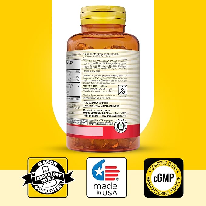 MASON NATURAL Omega-3 Fish Oil, 45-Day Supply, 1000mg with EPA and DHA for Joint Support, 90 Softgels (Pack of 3)