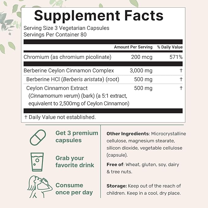 Micro Ingredients Berberine with Ceylon Cinnamon and Chromium 3,000mg Complex, 240 Veggie Capsules | High Potency Berberine HCl Root + Cinnamon Bark Extract | Heart Support & Immune Health Supplement