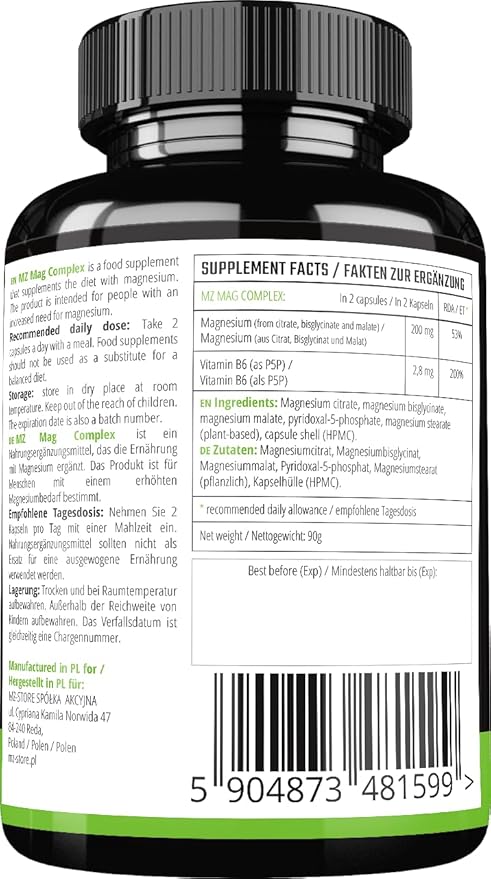 Magnesium Complex - 200 mg Elemental Magnesium per Daily Dose - 120 Vegan Capsules - Magnesium Citrate, Malate, Diglycinate and Vitamin B6-2 Months Supply - by MZ