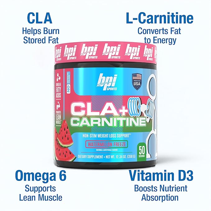 BPI Sports CLA+Carnitine–Conjugated Linoleic Acid–Weight Loss Formula –Metabolism, Performance, Lean Muscle–Caffeine Free–For Men & Women–Watermelon Freeze–50 servings – 12.34 oz.(Packaging May Vary)
