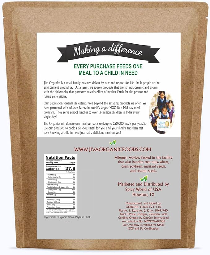 Jiva Organics Whole Psyllium Husk (Isabgol) 1.75 LB (28 Oz) Jumbo Bag - Non-GMO, Unflavored - Keto Friendly, Soluble Fiber