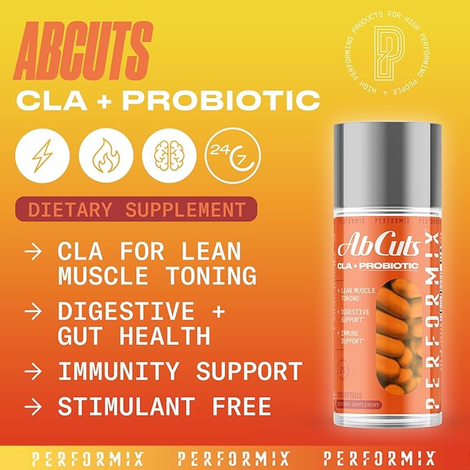 PERFORMIX - AbCuts CLA + Probiotics - Fitness Goals - Supports Lean Muscle Growth & Gut Health - Energy & Endurance - Digestive Health Wellness - Women & Men - 100 Soft Gels