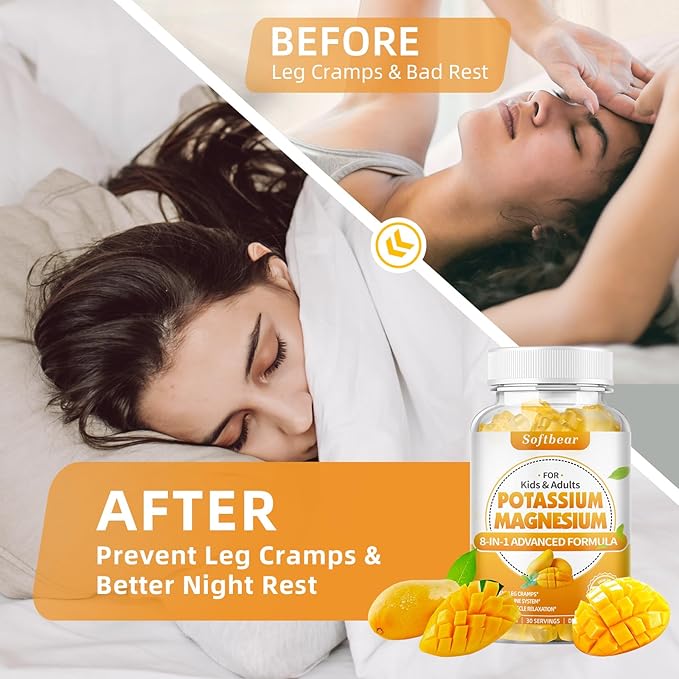 softbear Potassium Magnesium Gummies for Women, Calcium Magnesium Potassium Supplements with Vitamins Sugar-Free Potassium Citrate Gummies Support Muscle Health, Mango Flavor 60 Count