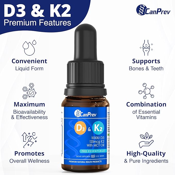 CanPrev D3 & K2 Drops - MCT Oil Base, 15ml Liquid Vitamin Supplement, 450 Drops with 250IU D3 & 30mcg MK-7 K2, Supports Strong Bones & Teeth, Easy-to-Take Formula, Free from Gluten, Dairy, Soy & Sugar
