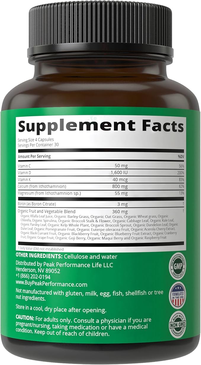 Plant Based Calcium - Red Marine Algae Calcium Supplement with Vitamin C, D3, K, Magnesium, and Whole Food Vegetable Blend. Vegan Capsules for Bones and Joints. 120 Pills, Tablets