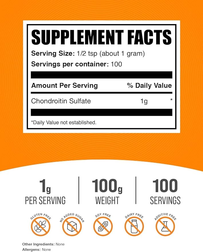 BulkSupplements.com Chondroitin Sulfate Powder - Chondroitin Sulfate Supplement, for Joint Support - Gluten Free, 1g per Serving, 100g (3.5 oz) (Pack of 1)
