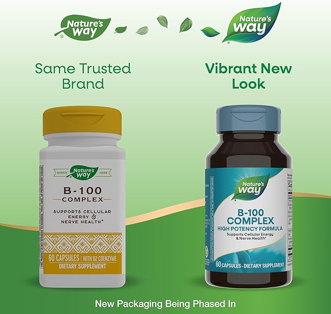 Nature's Way B-100 Complex, Supports Cellular Energy and Nerve- Health*, 8 B-Vitamins, 60 Capsules (Packaging May Vary)