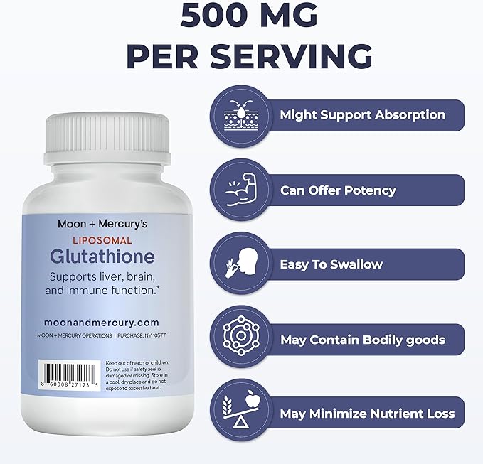 Liposomal Glutathione Non-GMO, Gluten Free 500mg Supplement - May Provide Immune Support, Liver Detox, Brain Health and Heart Health - 60 Glutathione Capsules