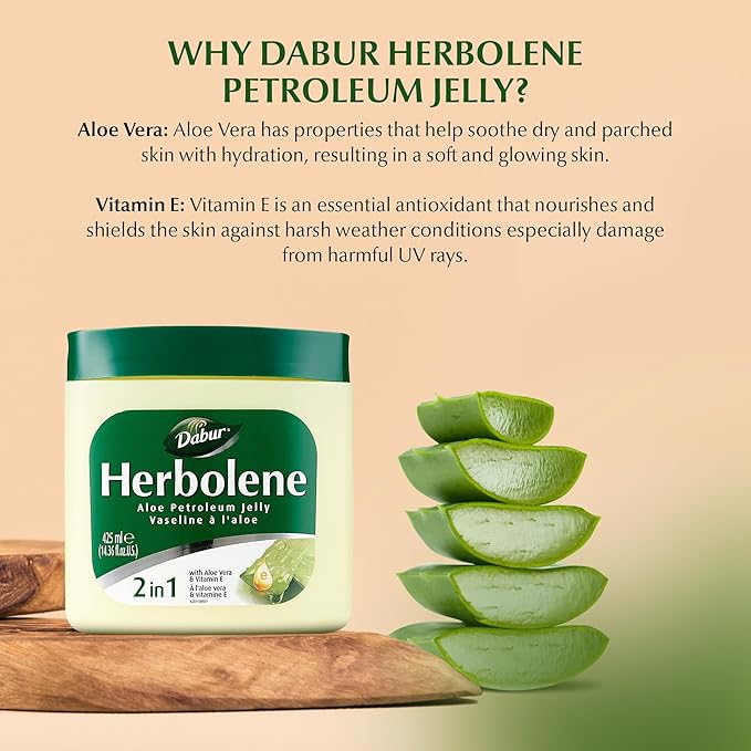 Dabur Herbolene Aloe Vera Gel Petroleum Jelly -Enhanced with Vitamin E for Deep & Intensive Skin Moisturization - Gentle on Sensitive Skin - Nourishing Bliss and Lasting Hydration - 425 ML (Pack of 2)