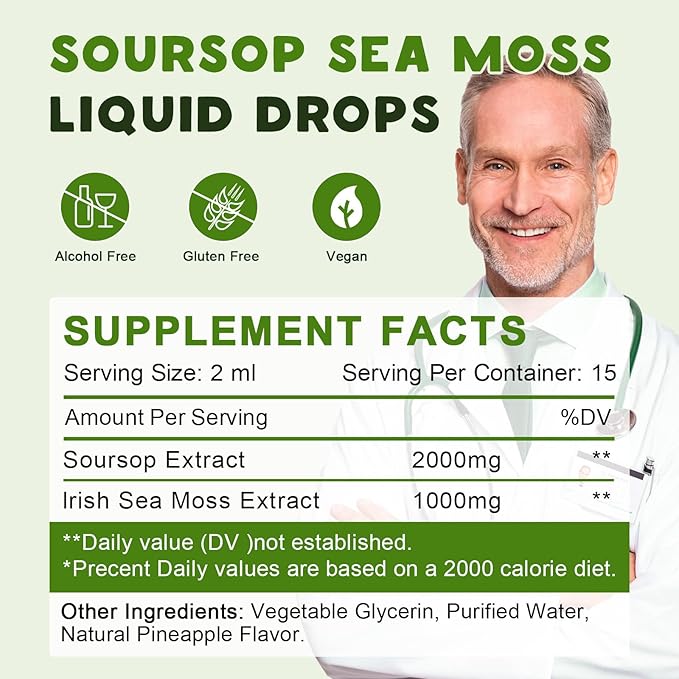 (2 Pack) Organic Soursop Graviola with Sea Moss Liquid Drops, Soursop Bitters Liquid Rich in Multivitamin for Natural Antioxidant, Immune Boost, Cell Support & Regeneration, Pineapple Flavor