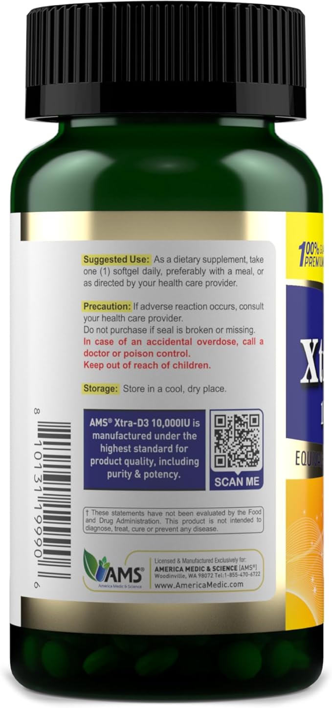 America Medic & Science Xtra D3 Vitamin D 10,000 IU (250 mcg) Cholecalciferol Supplement for Men & Women (60 Easy to Swallow Softgels) Best for Bone, Heart Health, Immune System Support, Lung Function