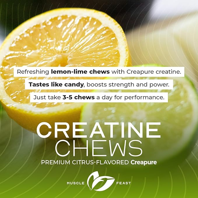 Muscle Feast Vegan Creatine Monohydrate, Gluten-Free Creapure Chews, Lemon Lime, 360 Tabs